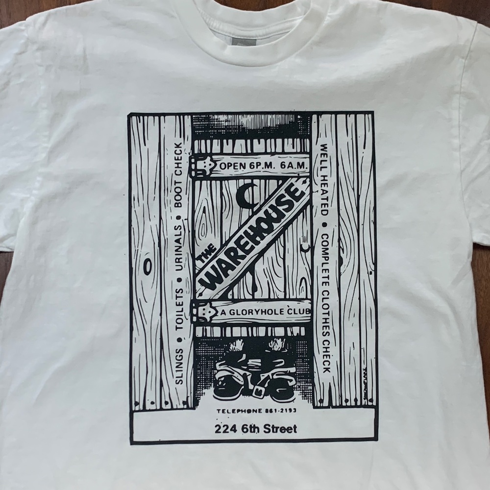 Handmade Warehouse Gloryhole Club T-Shirt on White Gildan Size L Shirt